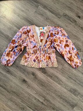 Farm Rio Long-Sleeve Printed Tiered Blouse New